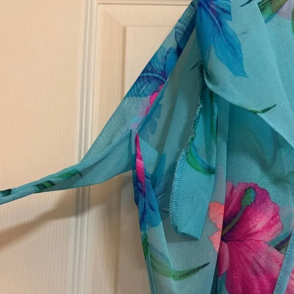 Caribbean Joe Women’s Aqua Floral Sarong Cover-Up - Blue with Pink Hibiscus - Picture 3 of 5